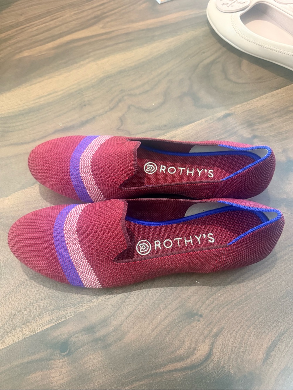 Rothy's Burgundy Flats with Beige and Blue Stripes - Picture 3 of 4